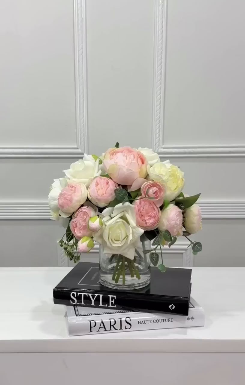 Pink White Rose Peony Real Touch Centerpiece in Glass Vase