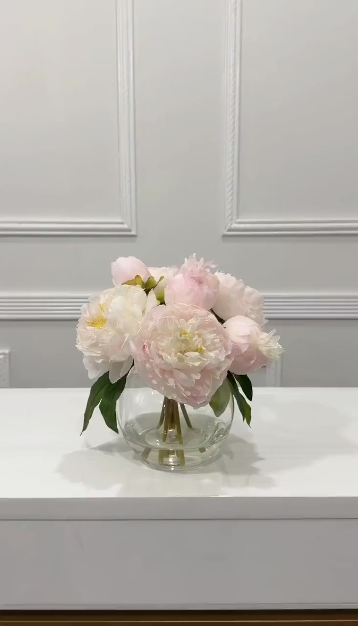 Premium silk peony arrangement in a clear glass vase, baby pink