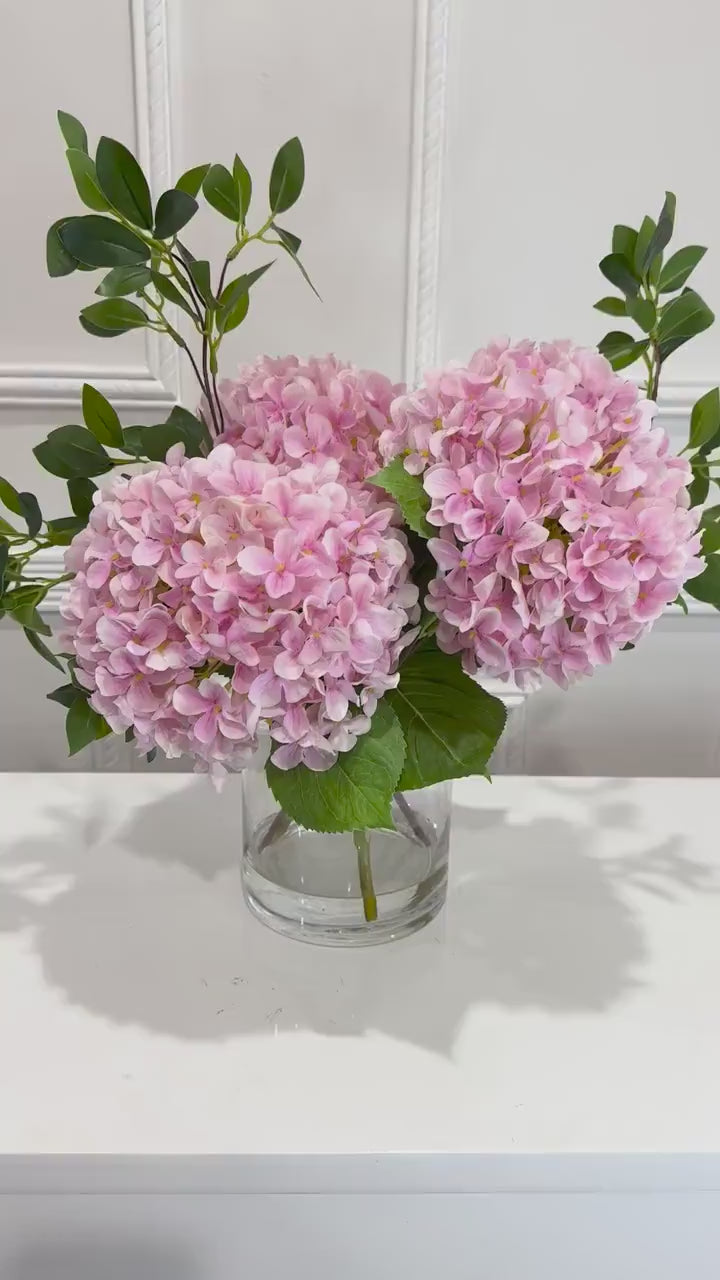 Pink Premium Silk Hydrangea Faux Floral Arrangement in Clear Glass Cylinder Vase