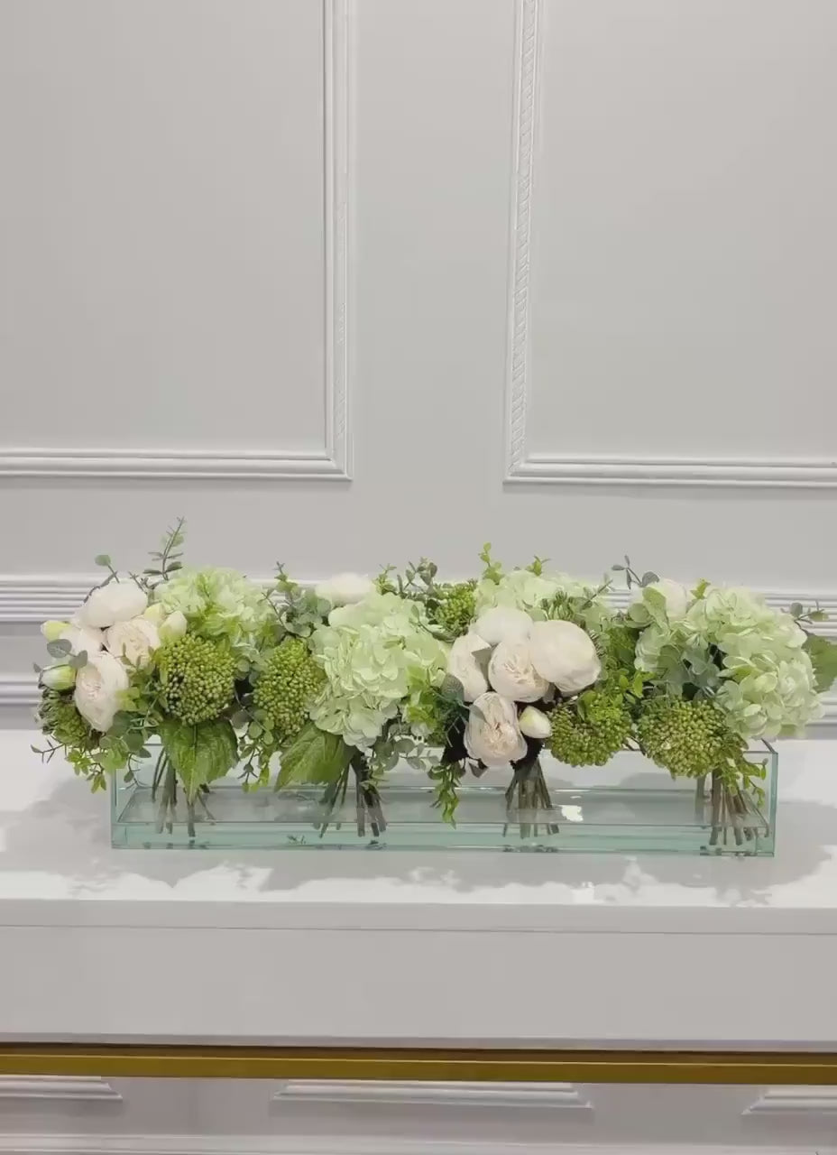 24-in White Rose Peony Green Hydrangea Real Touch Long Centerpiece