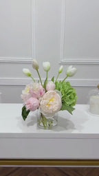 13-in Pink Green Hydrangea Peony Real Touch Arrangement in a clear glass vase
