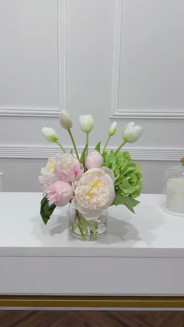 13-in Pink Green Hydrangea Peony Real Touch Arrangement in a clear glass vase