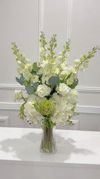 Tall Luxurious Hydrangea, Lisianthus & Snapdragon Arrangement in Glass Vase