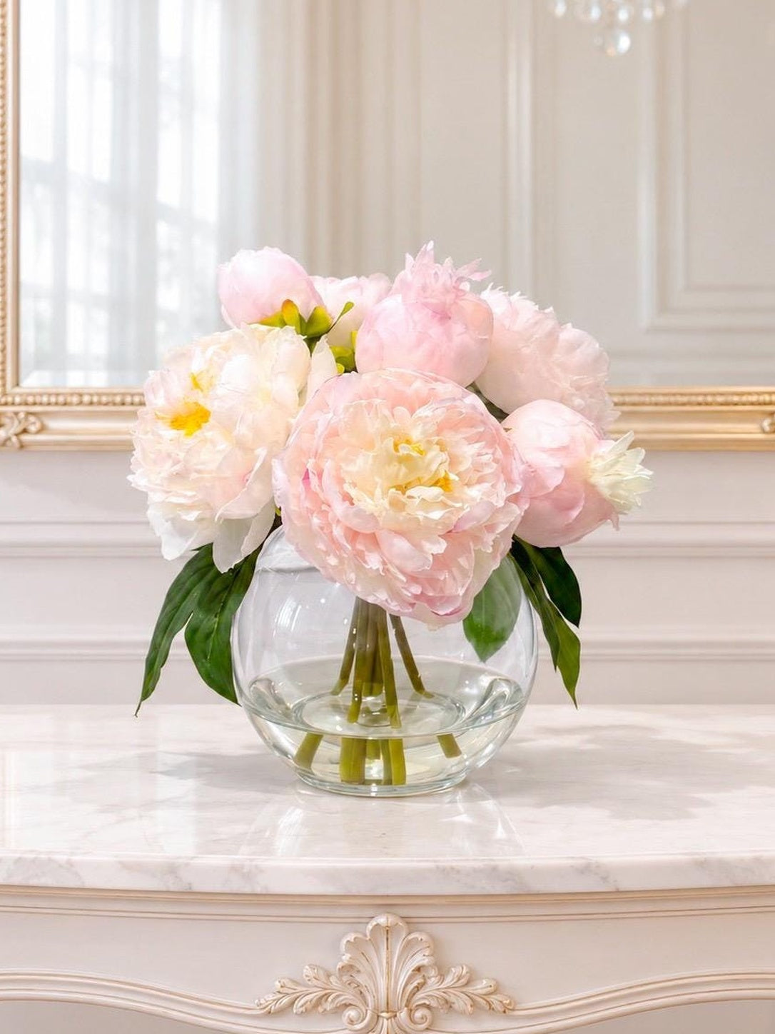 Premium silk peony arrangement in a clear glass vase, baby pink Main image