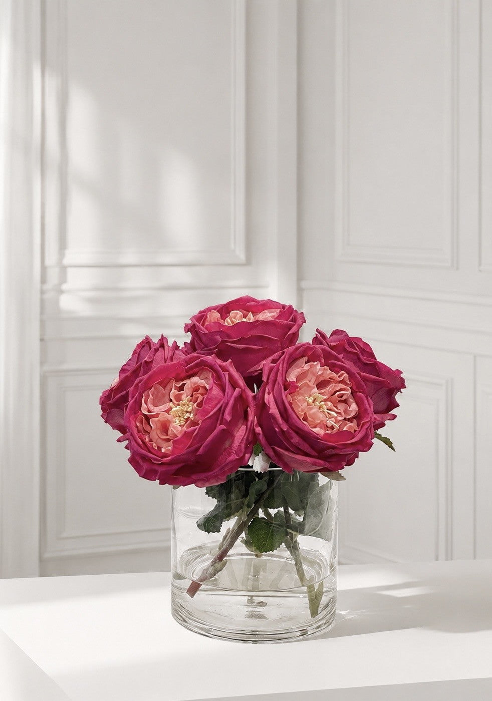 8-in Real Touch Austin Rose Centerpiece in Cylinder Glass Vase Magenta