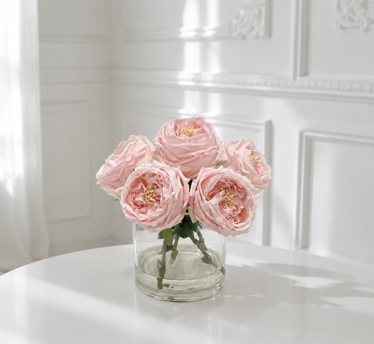 8-in Real Touch Austin Rose Centerpiece in Cylinder Glass Vase Pink