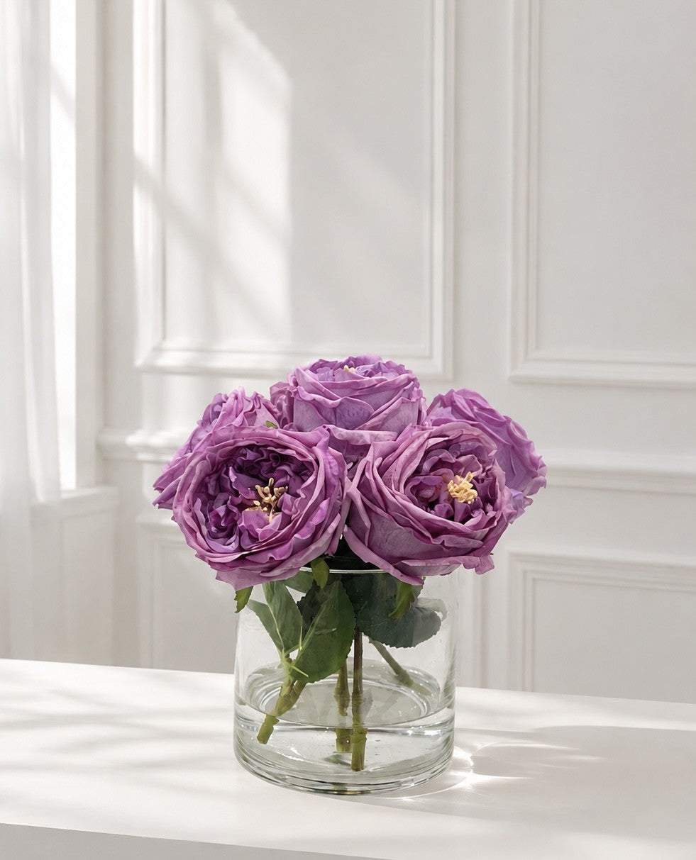 8-in Real Touch Austin Rose Centerpiece in Cylinder Glass Vase Purple