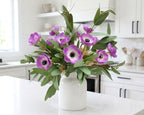 Real Touch Anemone Poppy Stems in a white ceramic vase in a modern white kitchen