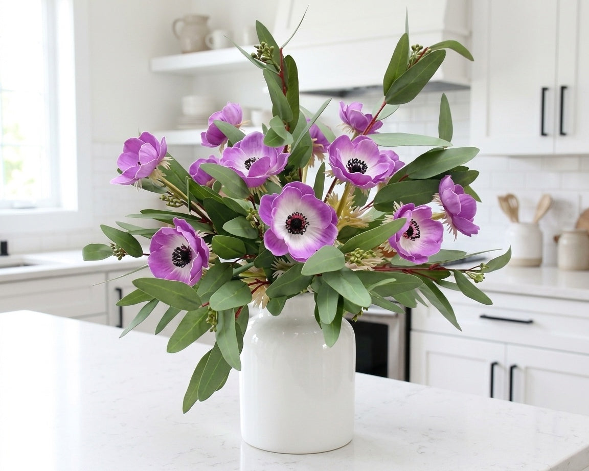 Real Touch Anemone Poppy Stems in a white ceramic vase in a modern white kitchen