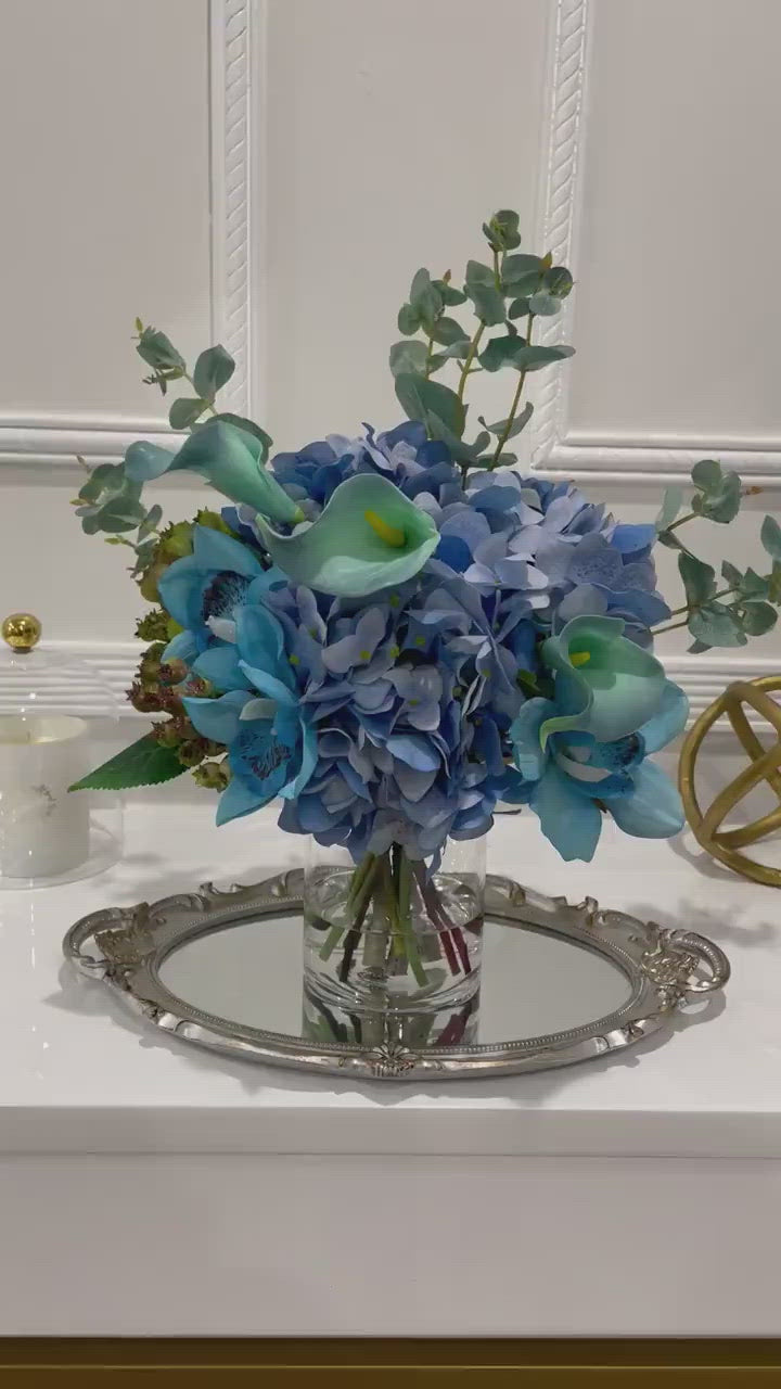 Real Touch Blue Hydrangea with Blue Calla Lily and Orchids Arrangment