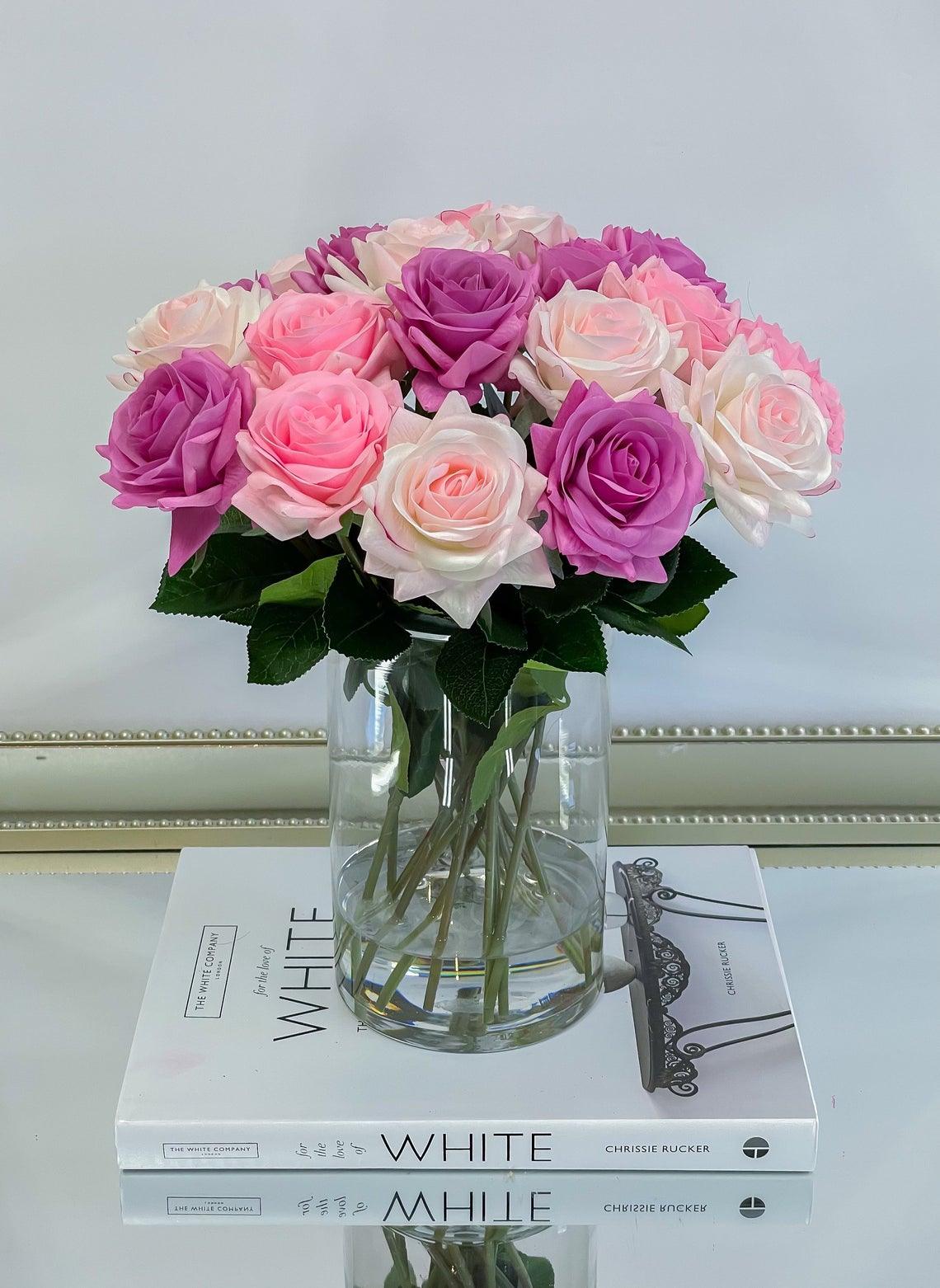 14" Large Size Pink/Blush/Purple Rose Real Touch Arrangement-Roses Centerpieces-Floral Arrangement-Faux Rose Centerpiece-Artificial Roses - Flovery Main image