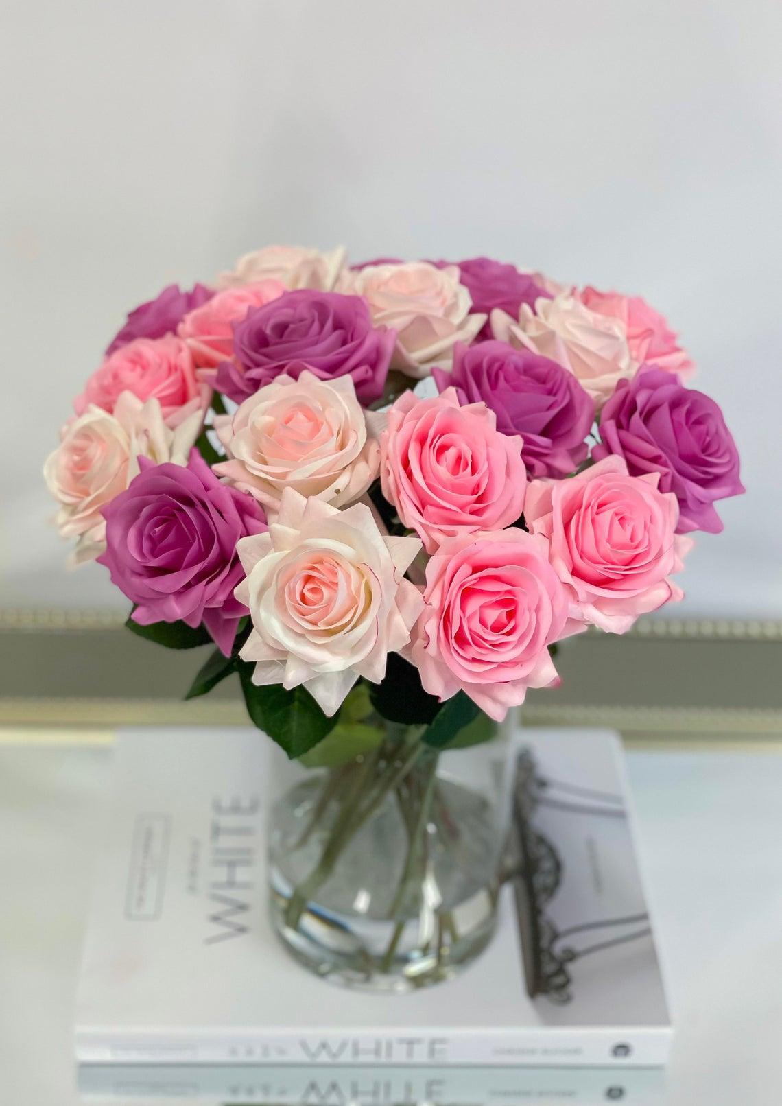 14" Large Size Pink/Blush/Purple Rose Real Touch Arrangement-Roses Centerpieces-Floral Arrangement-Faux Rose Centerpiece-Artificial Roses - Flovery