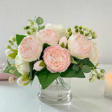 Rose Peonies Arrangement In Glass Vase

        
           - White