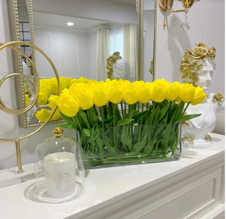 Modern Long Real Touch Tulip Arrangement in Rectangle Glass Vase - Flovery