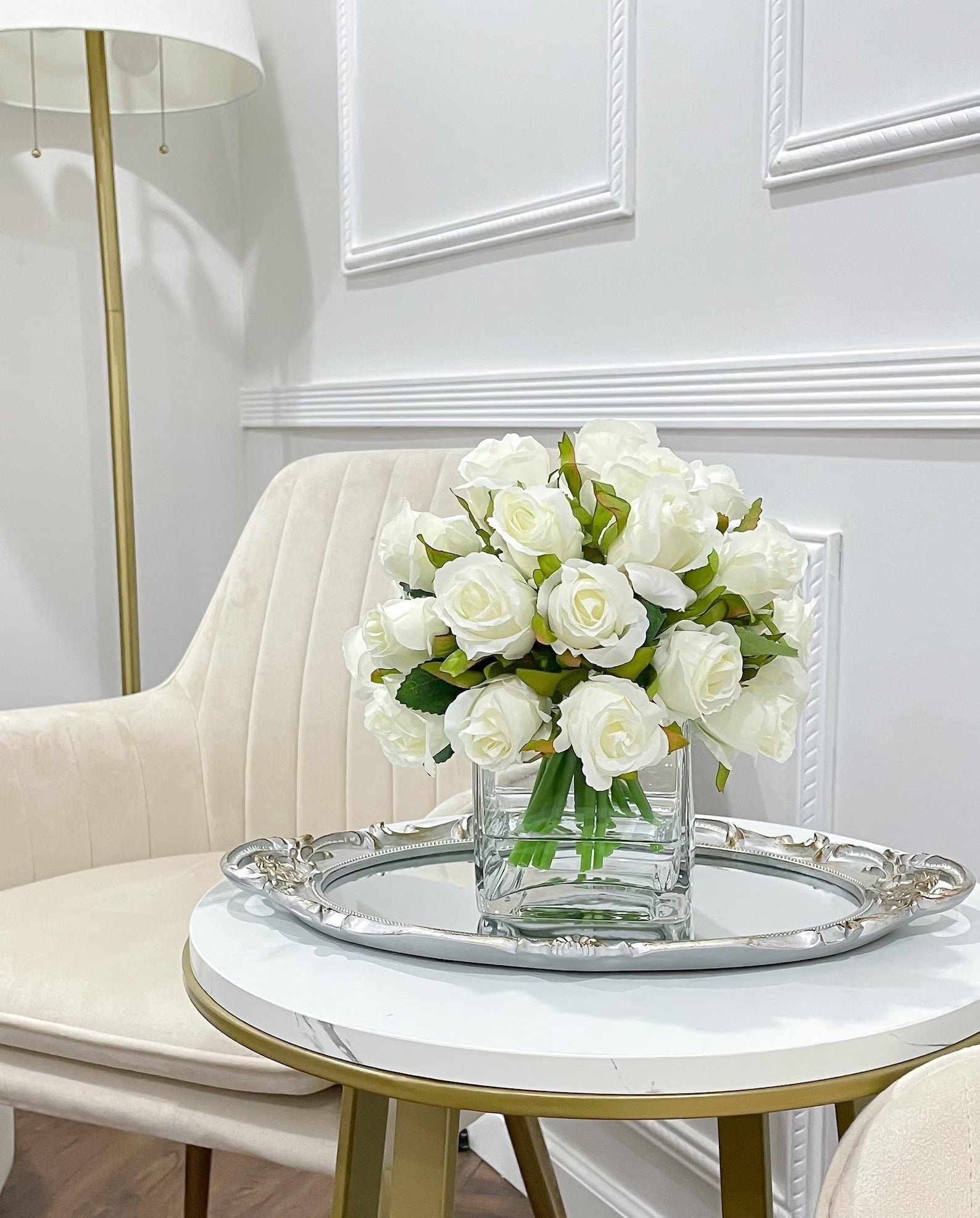 Artificial Medium White Roses Arrangement in Square Glass Vase Main image