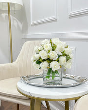 Artificial Medium White Roses Arrangement in Square Glass Vase