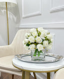 Artificial Medium White Roses Arrangement in Square Glass Vase