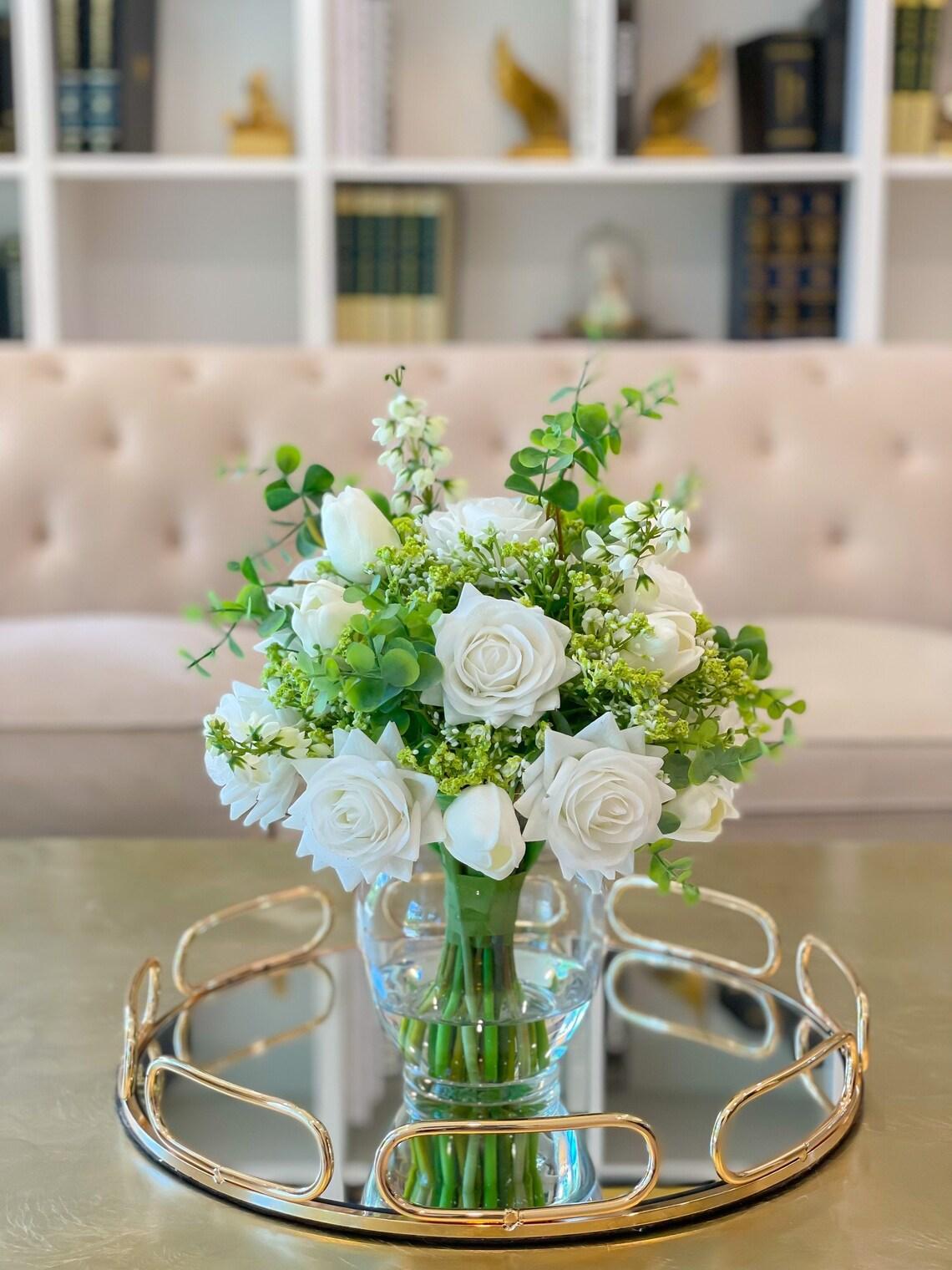 White Real Touch Roses Centerpiece - Flovery