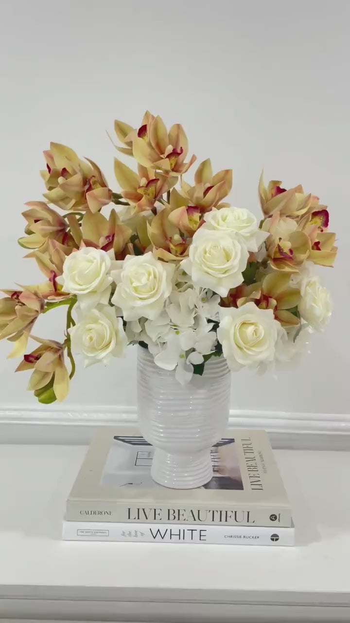 Finest Real Touch Orchid, Roses, French Hydrangea Cream Arrangement