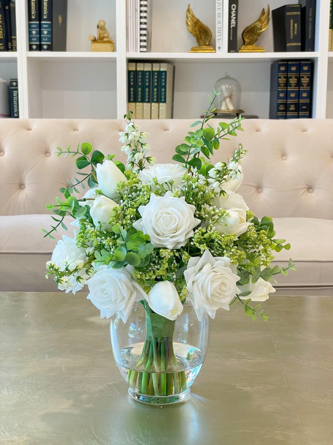 White Real Touch Roses Centerpiece Secondary image