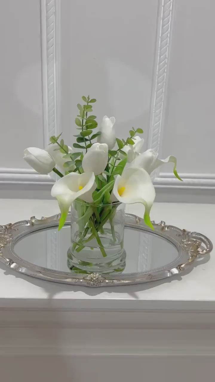 Real Touch White Tulips Calla Lily Modern Home Decor Arrangement in Glass Vase