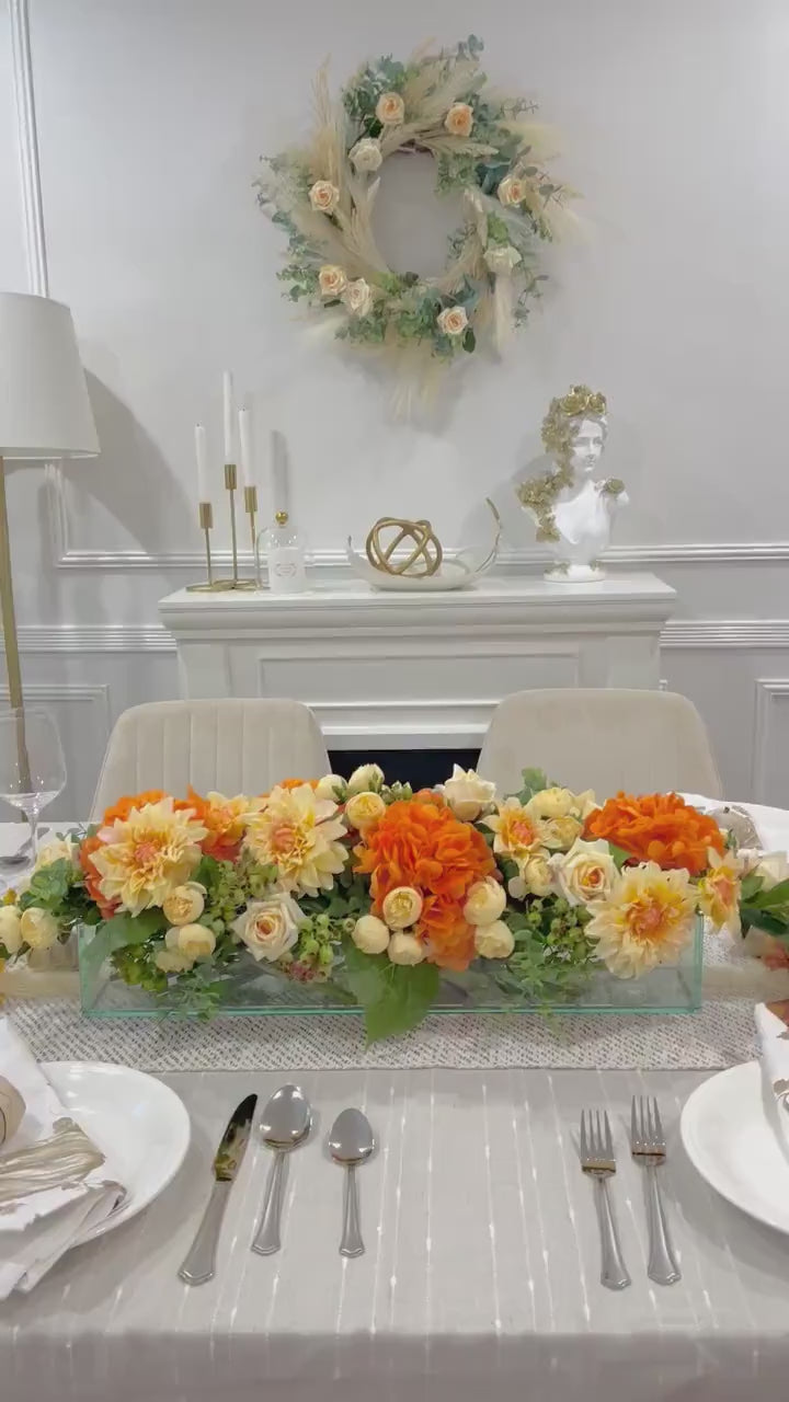 Elegant Orange Decor Modern Long Table Dahlia Centerpiece In Glass Vase