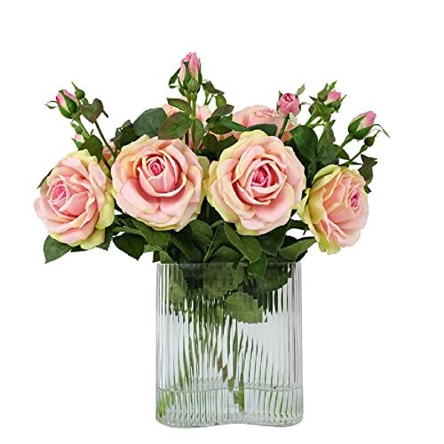 Large White Rose Real Touch Floral Arrangement in Stripe Glass Vase