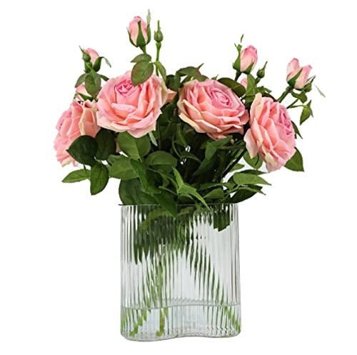Large White Rose Real Touch Floral Arrangement in Stripe Glass Vase Main image