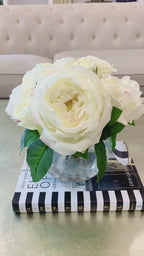 Large Silk Peony with English Rose Arrangement In Glass Vase
