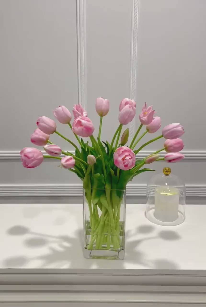 Peony Tulip Arrangement in Square Glass Vase