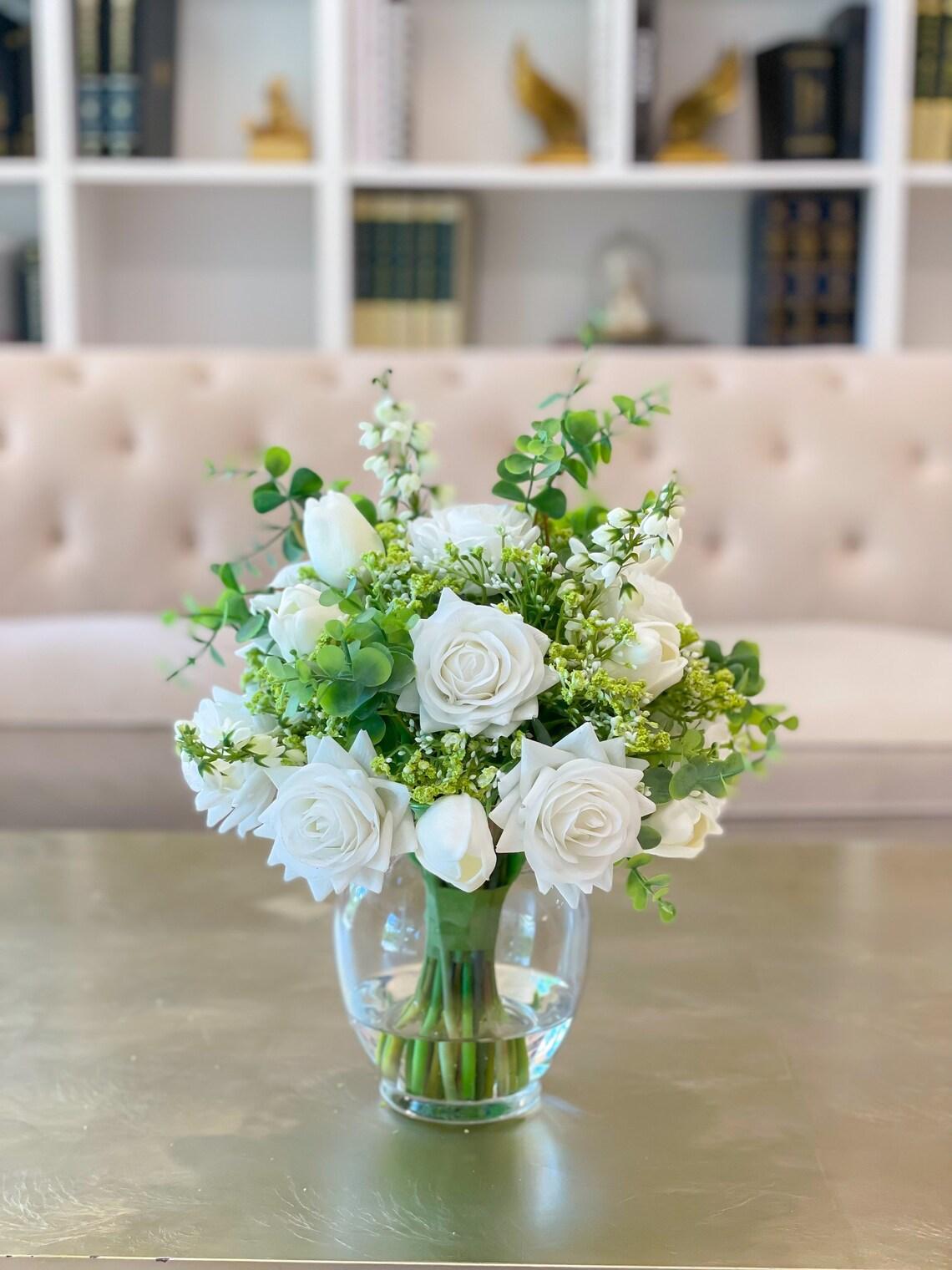 White Real Touch Roses Centerpiece - Flovery