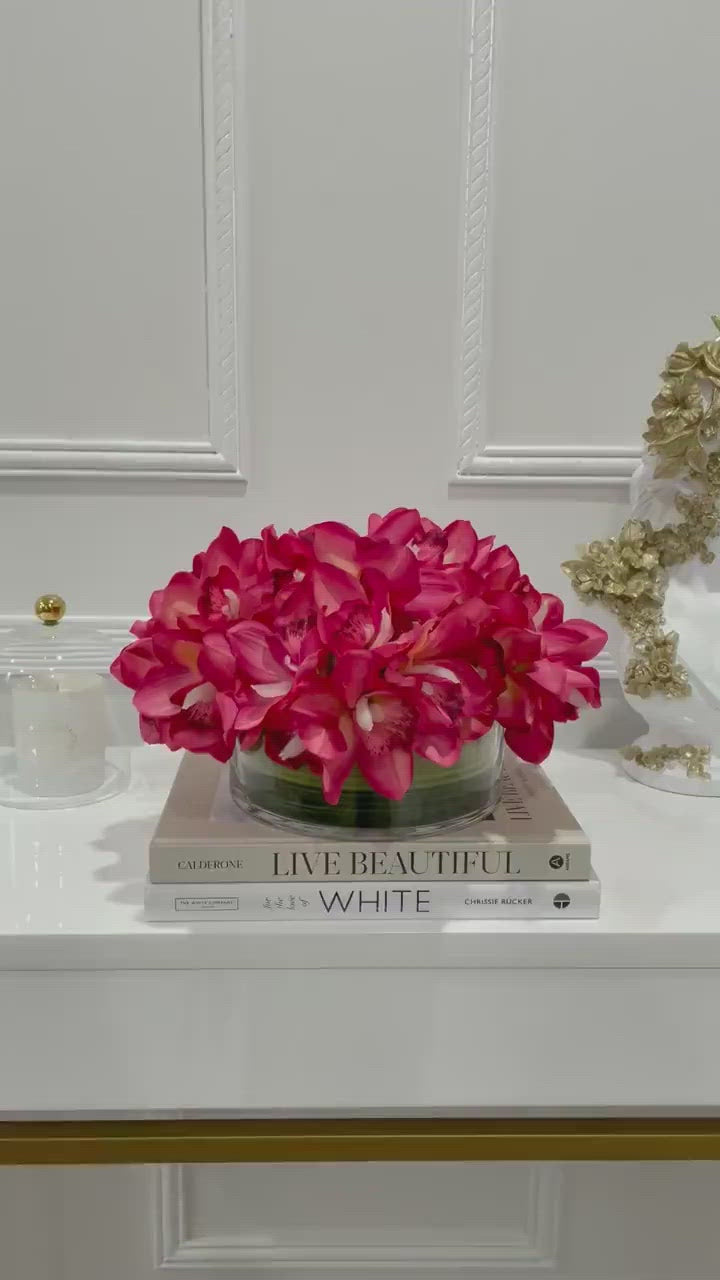 Magenta Orchids Centerpiece Arrangement In Glass Vase