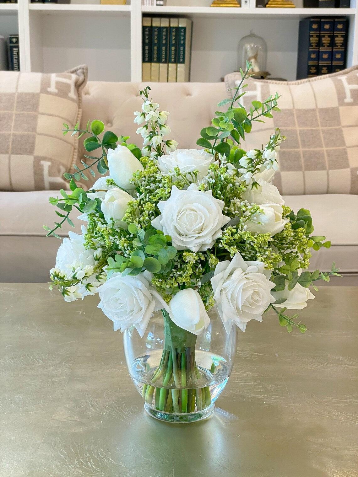 White Real Touch Roses Centerpiece - Flovery
