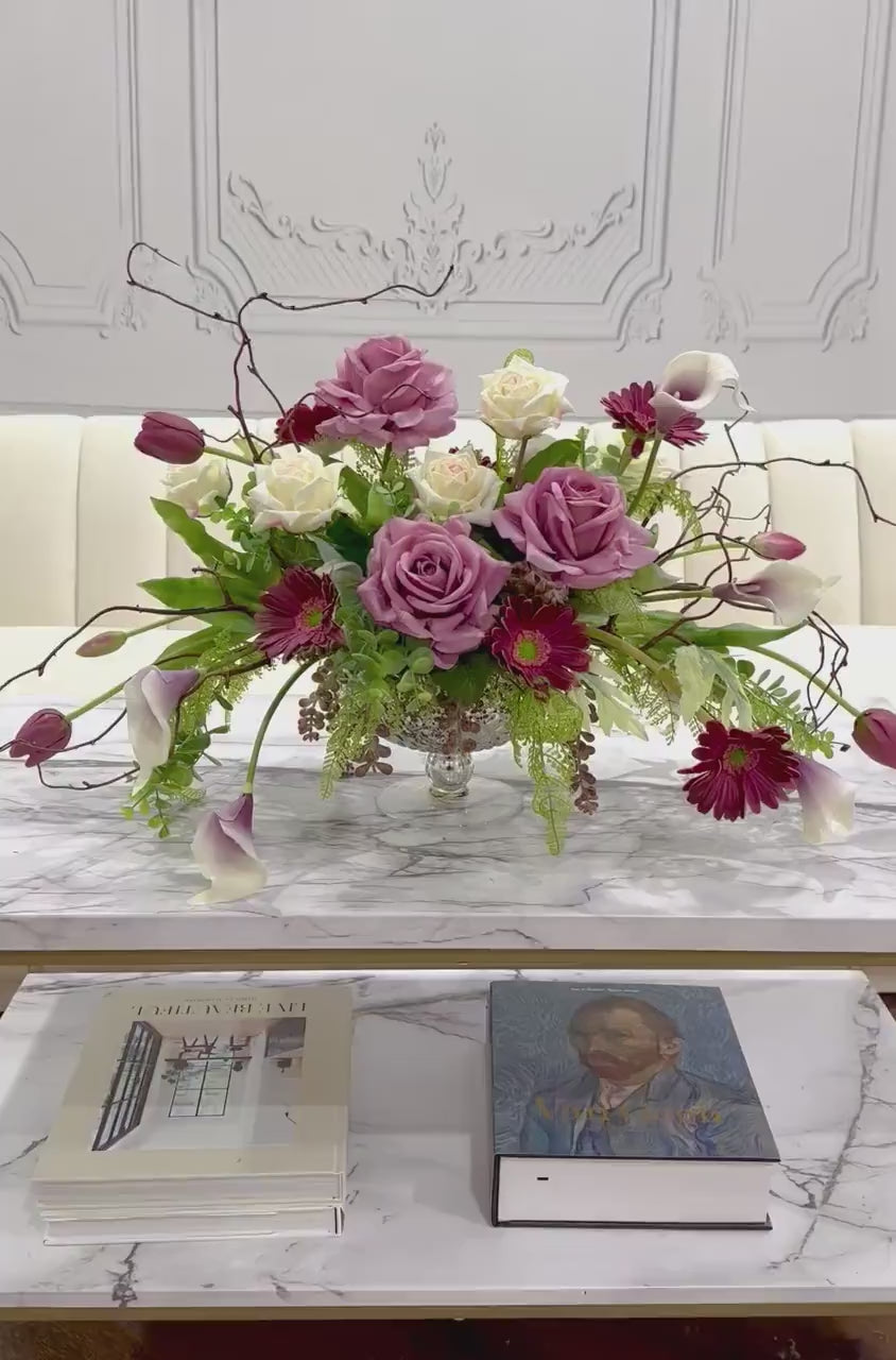 Premium All Real Touch Flowers Arrangement, French Purple Floral Decor In Glass Vase
