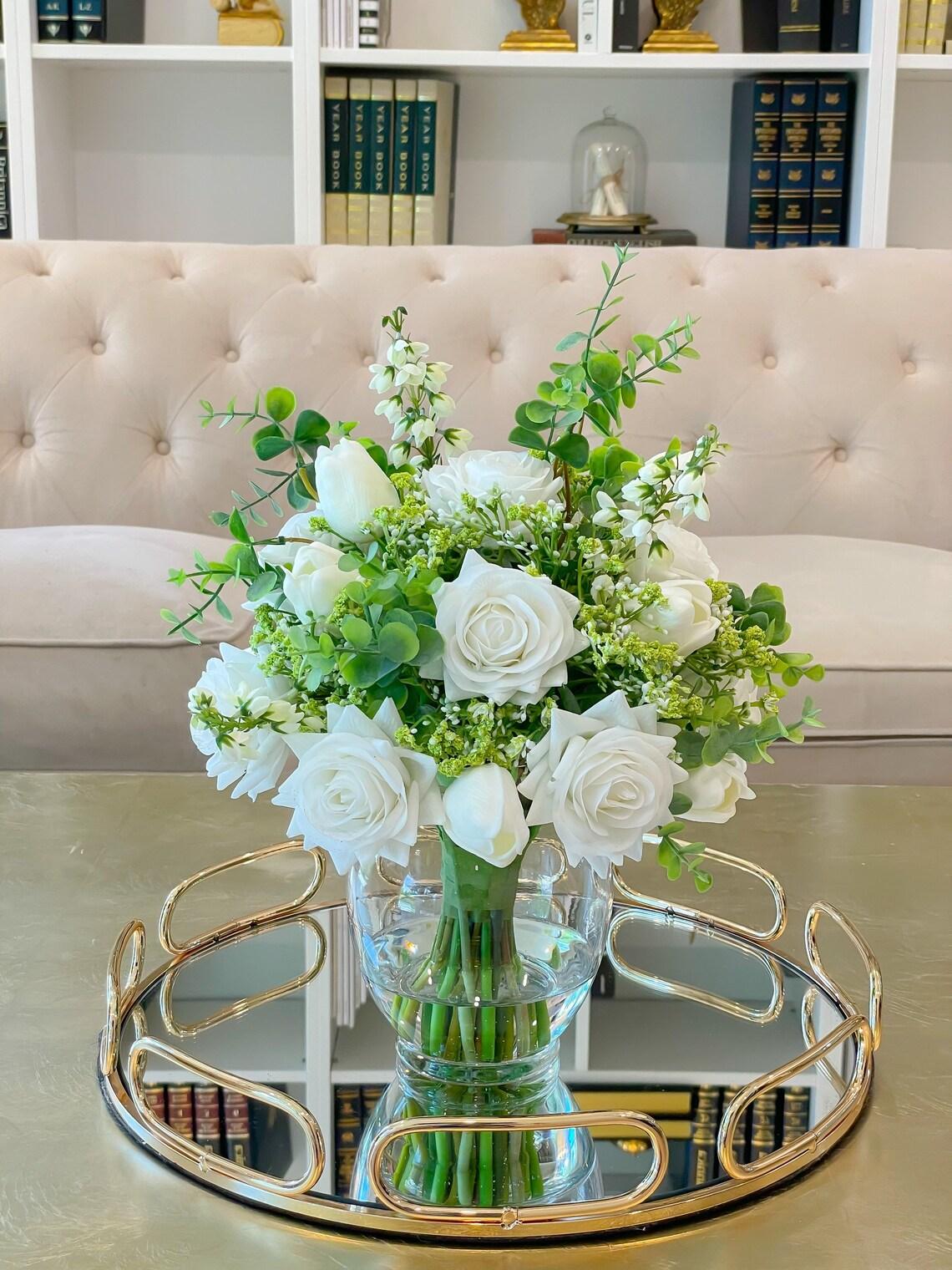 White Real Touch Roses Centerpiece - Flovery