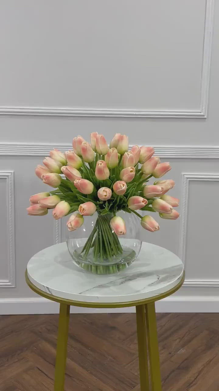 60 White Tulips Centerpiece Glass Vase
