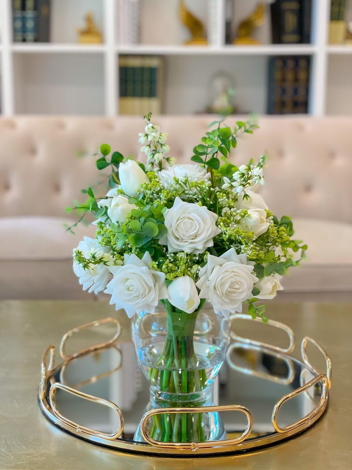 White Real Touch Roses Centerpiece - Flovery