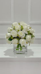 Artificial Medium White Roses Arrangement in Square Glass Vase