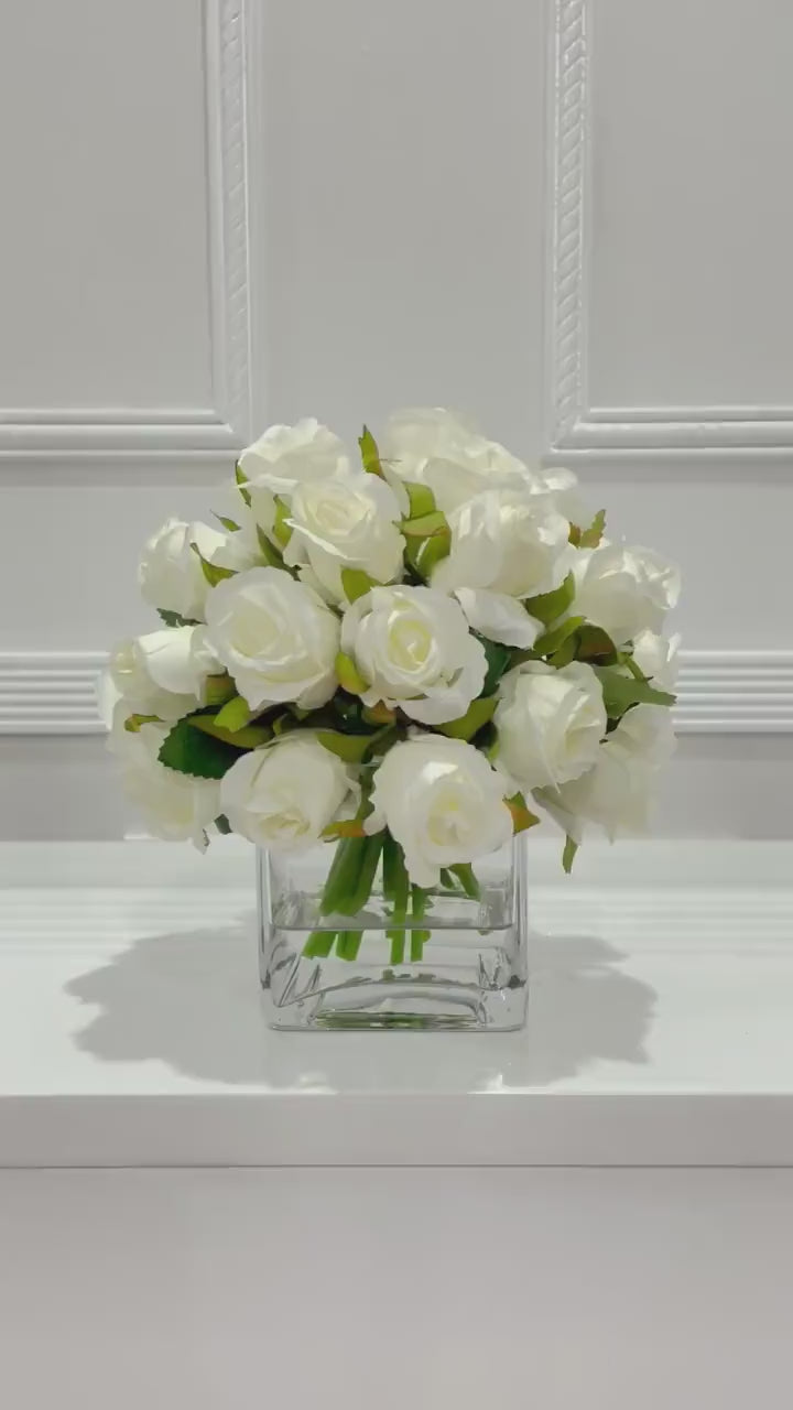Artificial Medium White Roses Arrangement in Square Glass Vase
