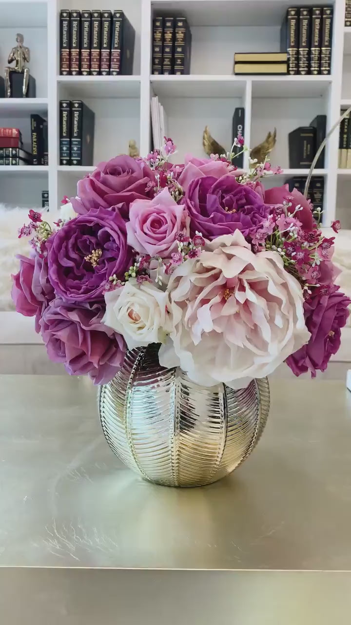 Large Luxury Purple Faux English Rose Peony Centerpiece