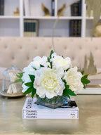 Medium Real Touch Peony Centerpiece in Square Vase - Flovery