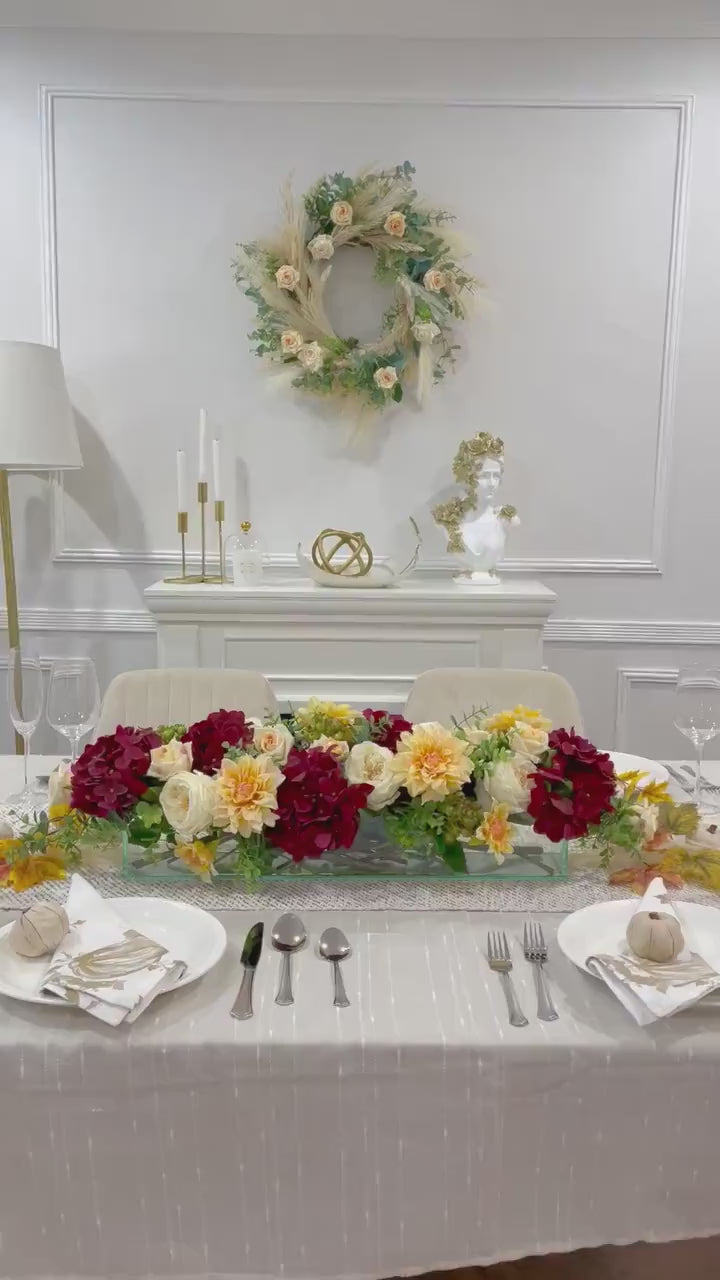 Elegant Velvet Red Decor Modern Long Table Dahlia Centerpiece In Glass Vase