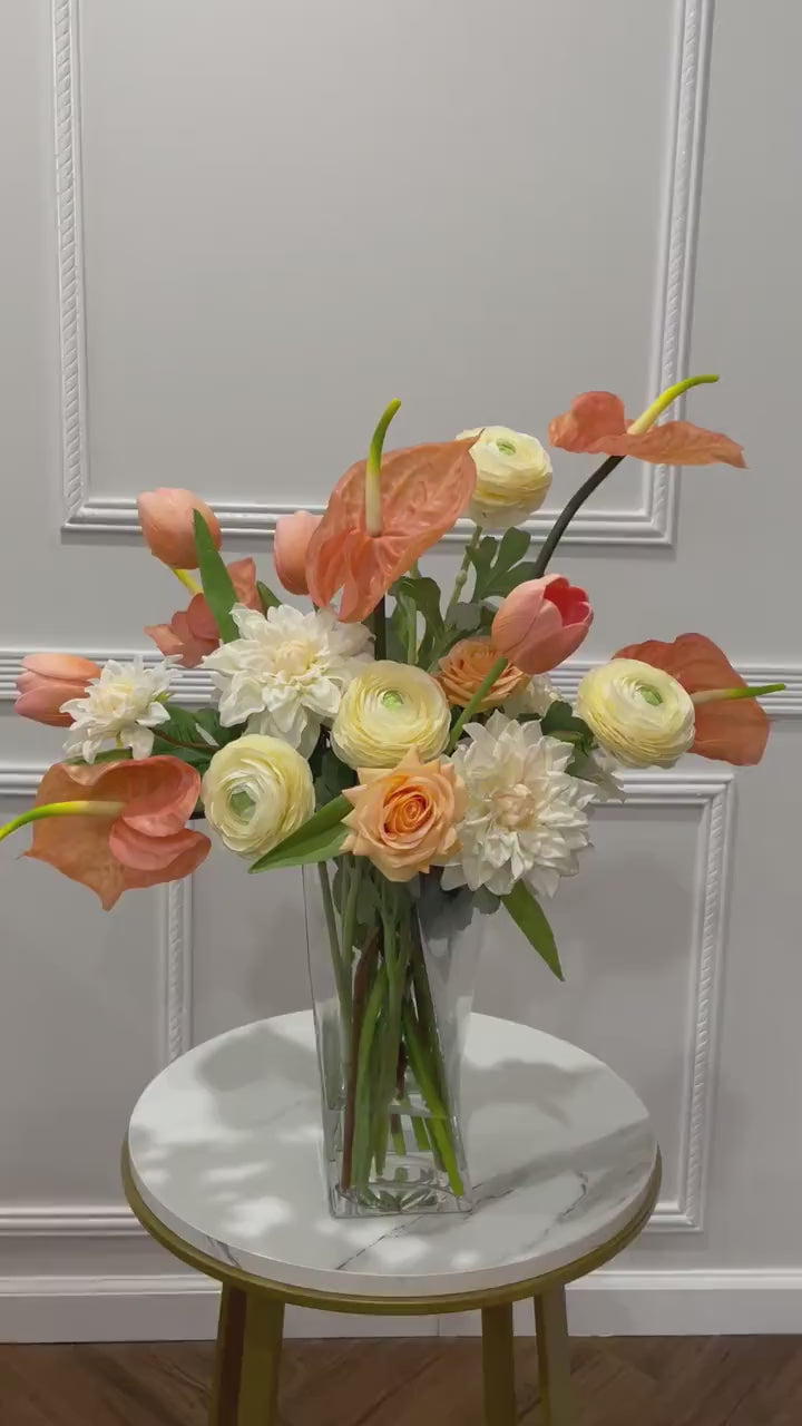 Coral Anthurium Dahlia Arrangement French Country Decor
