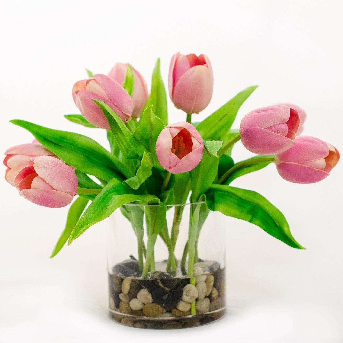 Real Touch Pink Tulip Arrangement Round Vase - Flovery