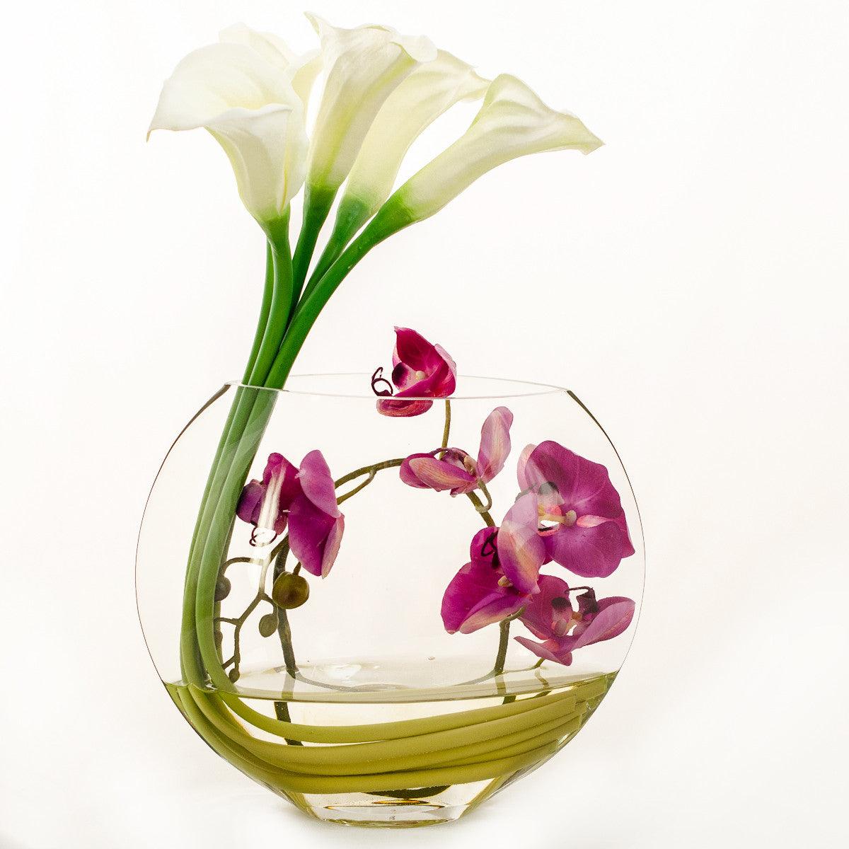 White Real Touch Calla Lily Purple Orchid Arrangement - Flovery Main image