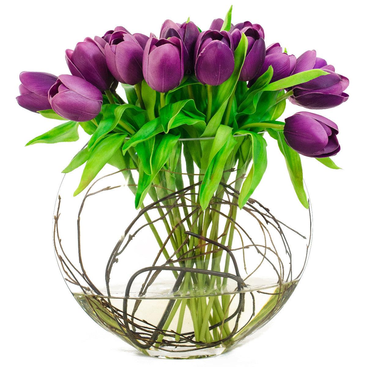 Purple Real Touch Tulips Moon Glass Vase Arrangement - Flovery