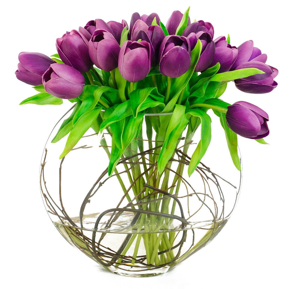 Purple Real Touch Tulips Moon Glass Vase Arrangement - Flovery