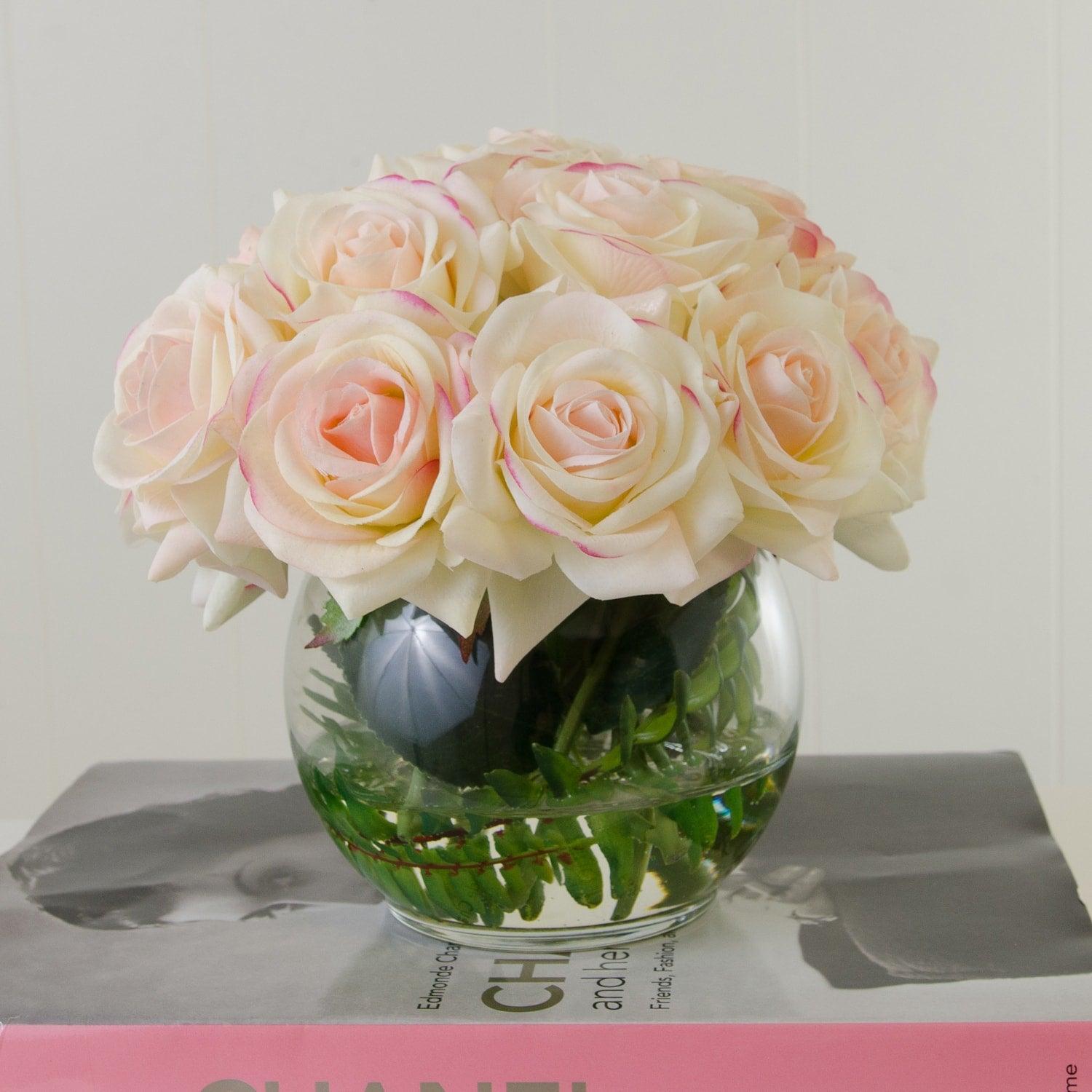 Real Touch Ivory Roses Pink Tipped Round Arrangement - Flovery