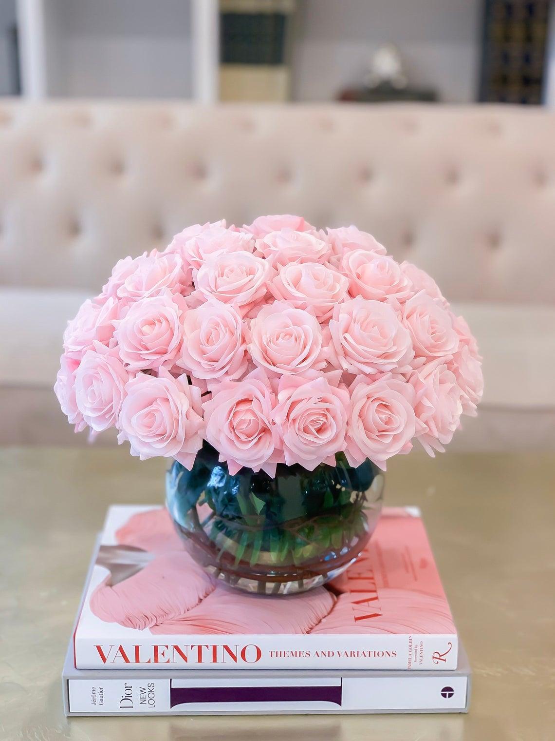 Rose Silk Flower Arrangement-Real Touch Rose Centerpiece-Silk Floral Arrangement-Table Arrangement-Roses in Faux Water-Valentine Arrangement - Flovery Main image