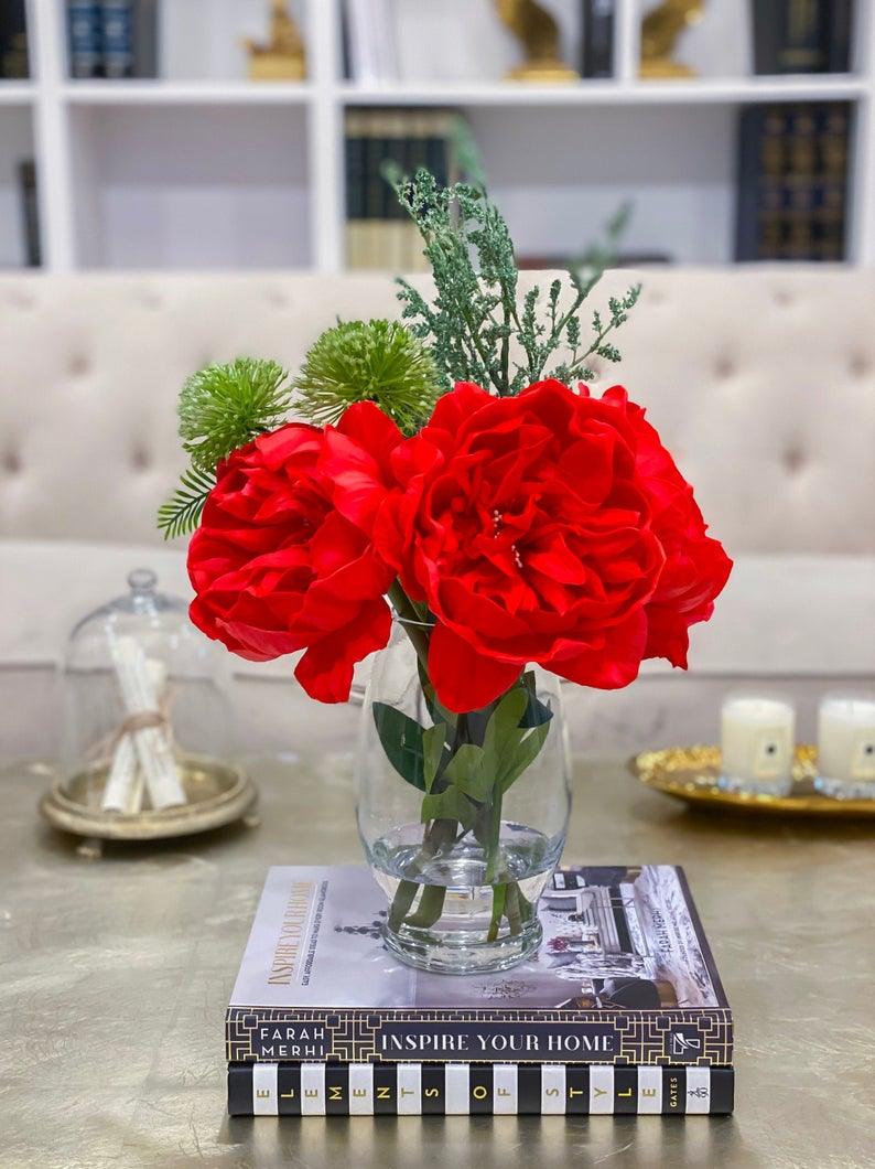 Valentine Flower Arrangement-Floral Arrangement/Centerpiece-Red Arrangement-Real Touch Peony Arrangement-Tall Arrangement - Flovery Main image